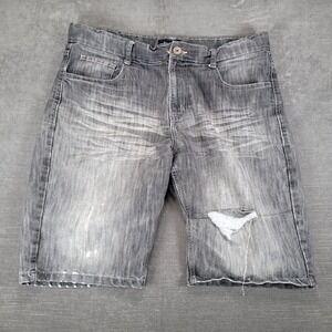 Black Lacquer Y2K Mens Gray‎ Distressed Denim Shorts Sz 36 Acid Wash Ripped